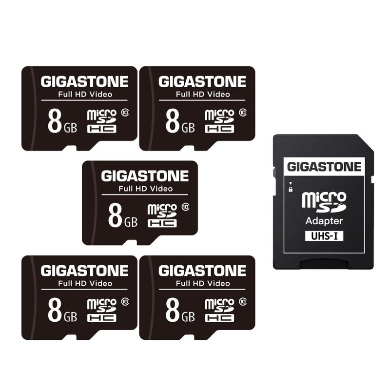 GIGASTONE 8GB Micro SD Card 5-Pack, High Read Speed up to 80MB/s. Ideal for Portable Full HD Video, U1 C10 Micro SDHC UHS-I Card with 2 Mini Cases and 1 SD Adapter. - Image 1